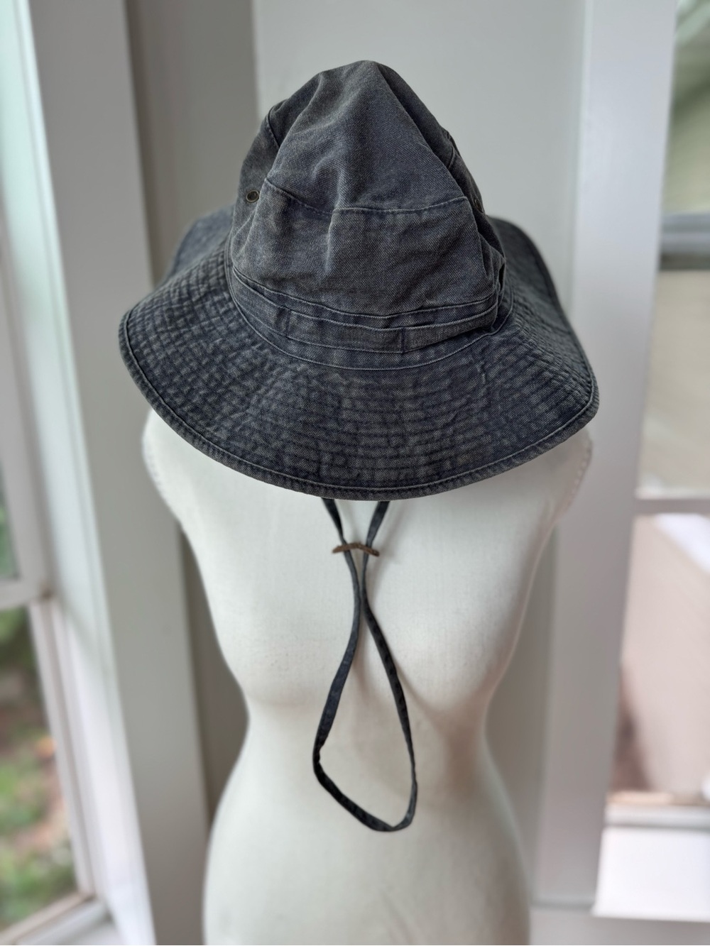 Washed Black Cotton Bucket Hat with Chin Strap